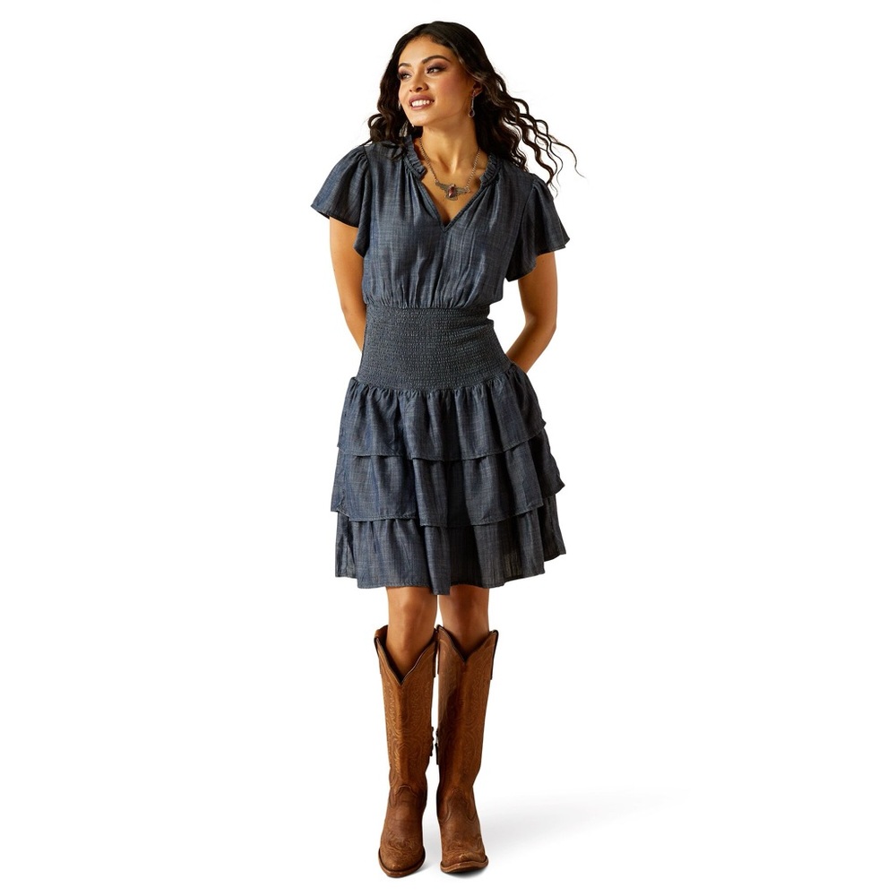 Ariat smocked dark denim ruffle dress. NWT - Picture 2 of 10